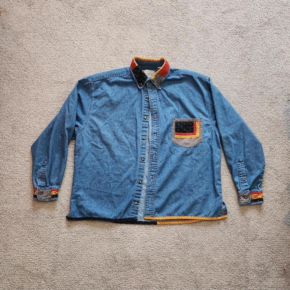 Lighthouse Apparel blue denim button up shirt with patch pocket and collar